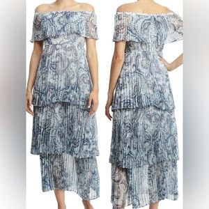 Aqua  Paisley Pleated Midi Dress Tiered Off Shoulder Blue Paisley Small sz XS